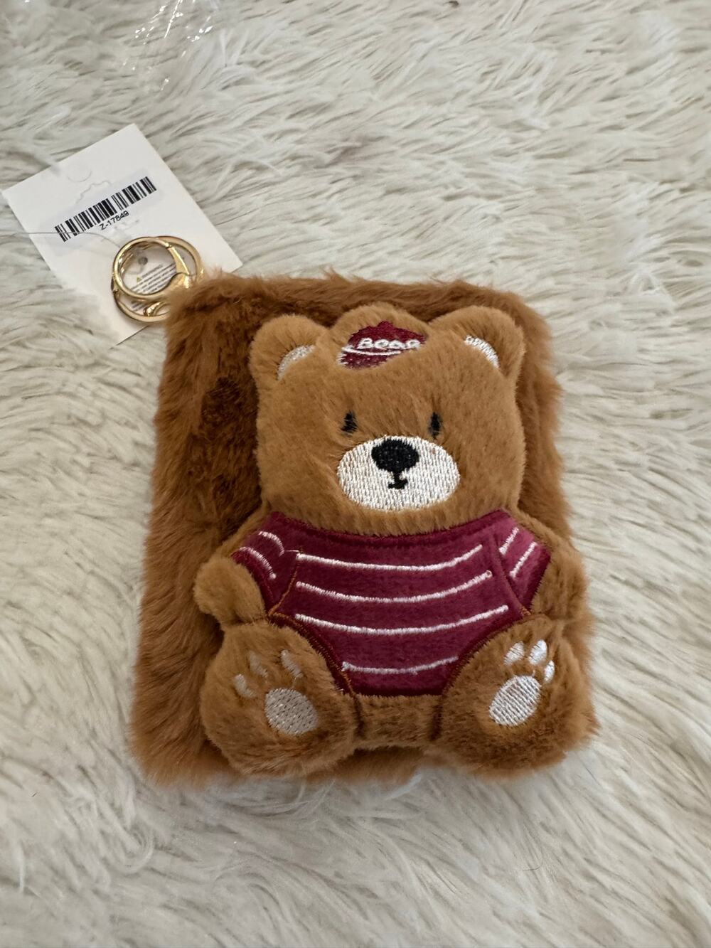 Brown plush teddy bear wallet keychain purse with maroon striped shirt
